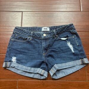 PAIGE Dark Blue Distressed Denim Shorts